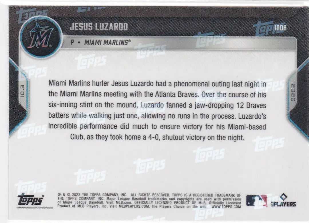 Baseball card back featuring Jesus Luzardo Miami Marlins 2022 TOPPS NOW #1008