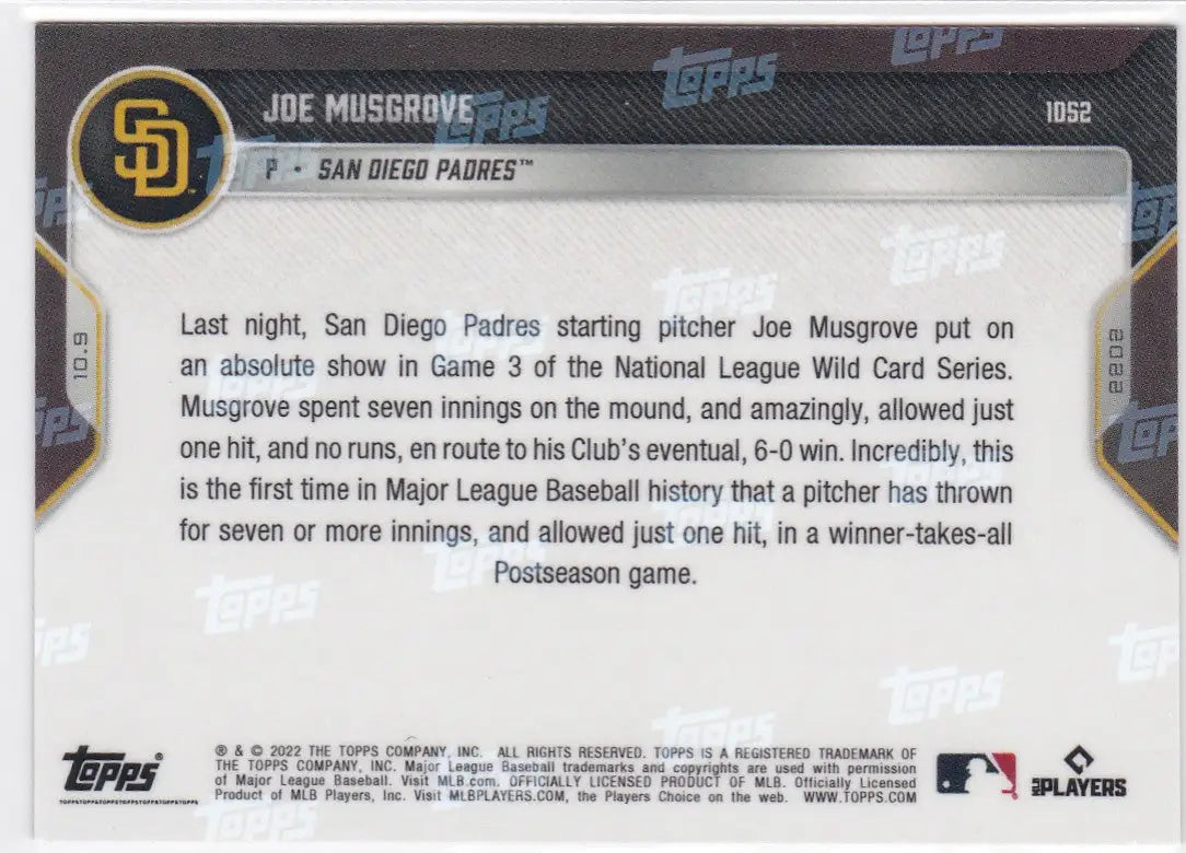 Baseball card back of 2022 TOPPS NOW Joe Musgrove San Diego Padres player