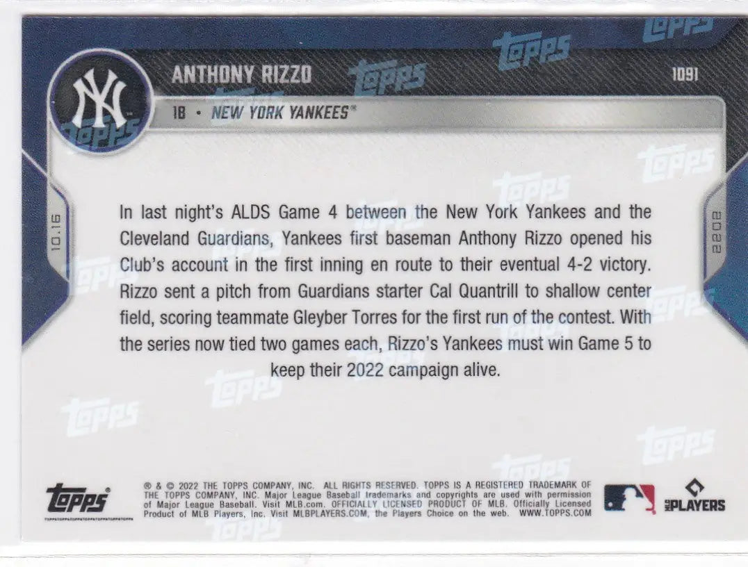 Baseball card back featuring Anthony Rizzo for the New York Yankees 2022 TOPPS NOW