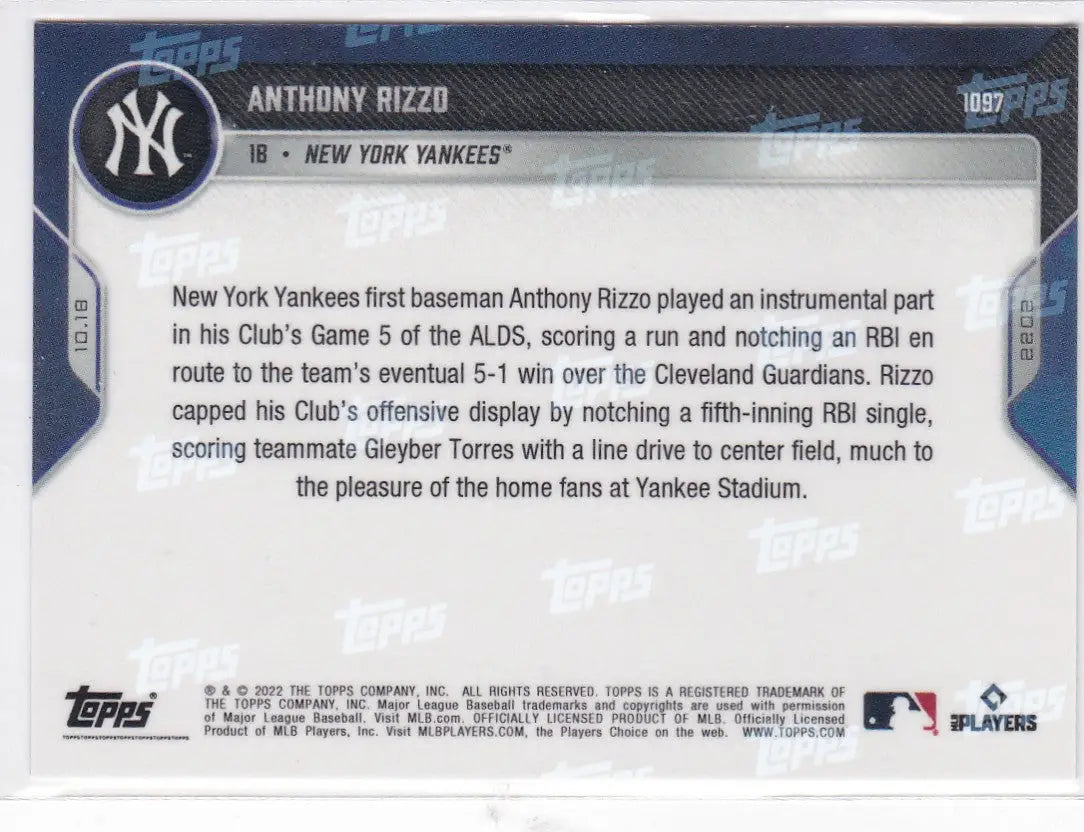 Anthony Rizzo baseball card back featuring New York Yankees details in 2022 TOPPS NOW #1097