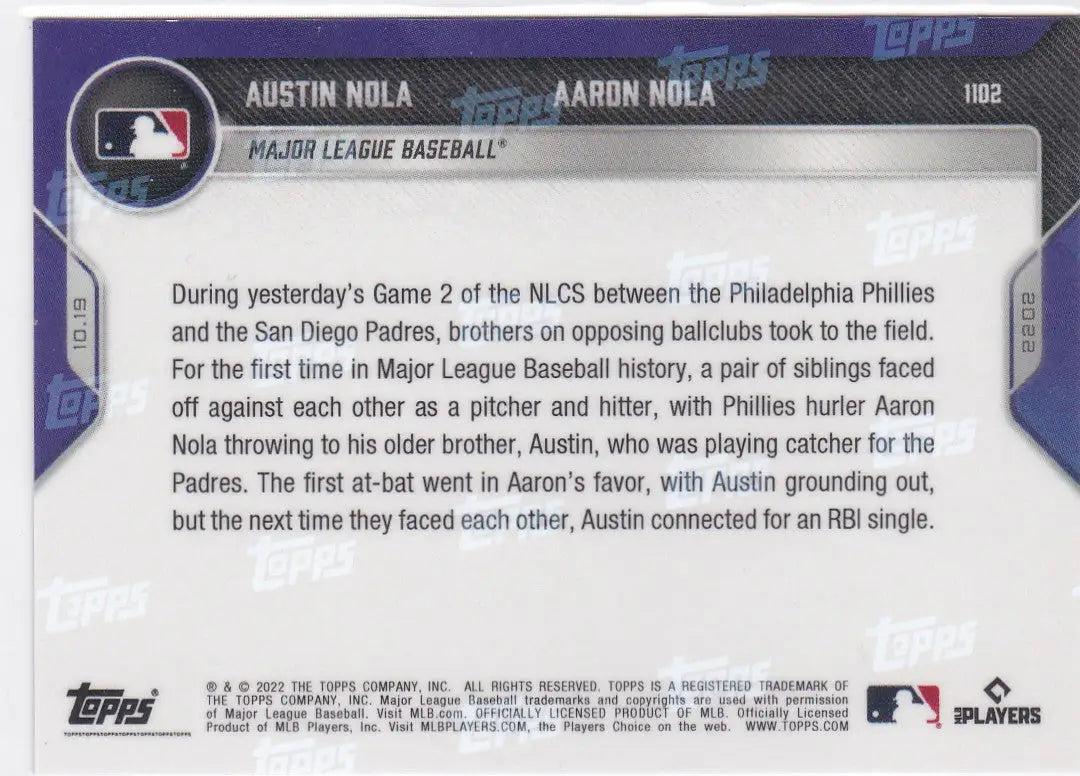 Baseball card back featuring Austin Nola and Aaron Nola from 2022 TOPPS NOW