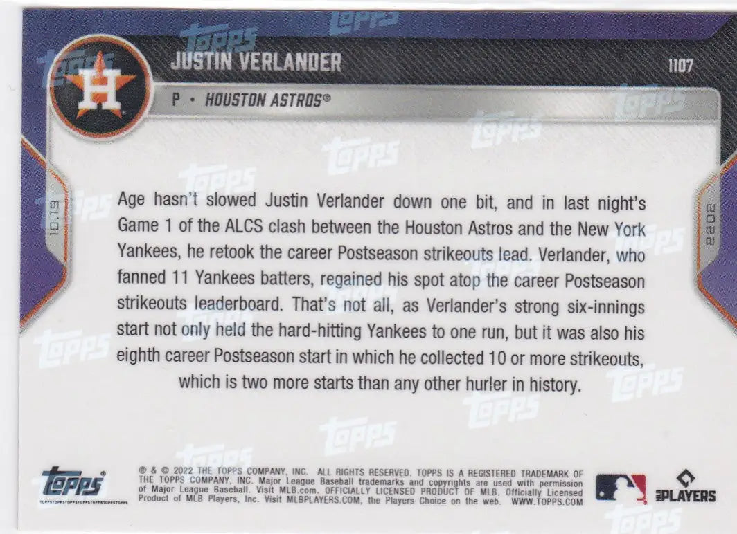 Baseball card back featuring Justin Verlander Houston Astros 2022 TOPPS NOW #1107