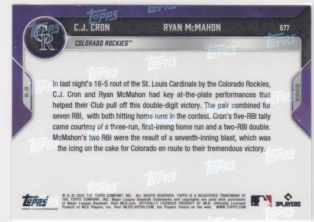 Baseball card back featuring Ryan McMahon Colorado Rockies from 2022 TOPPS NOW #677