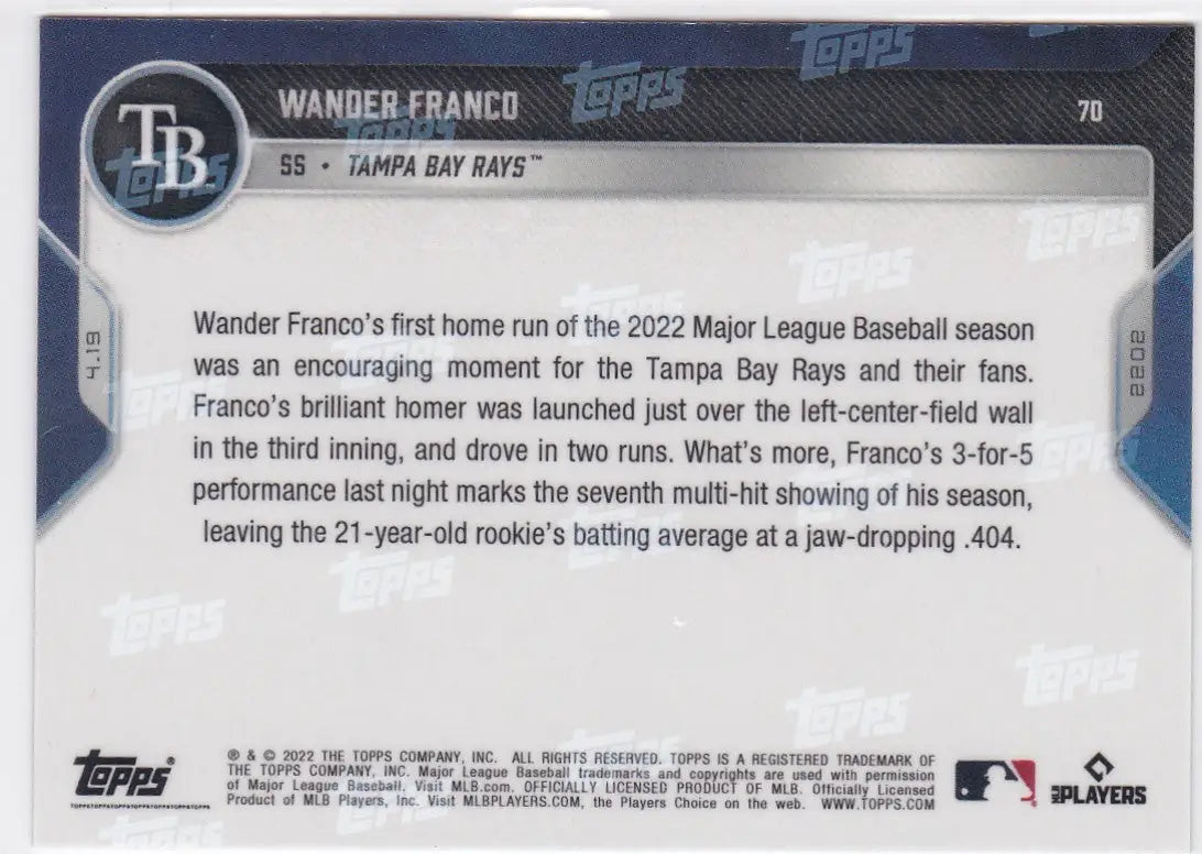 Wander Franco baseball card from 2022 TOPPS NOW Tampa Bay Rays series