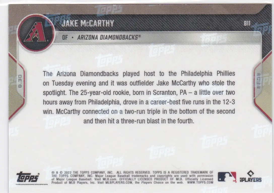 Baseball card back for 2022 TOPPS NOW Jake McCarthy Arizona Diamonbacks collectible