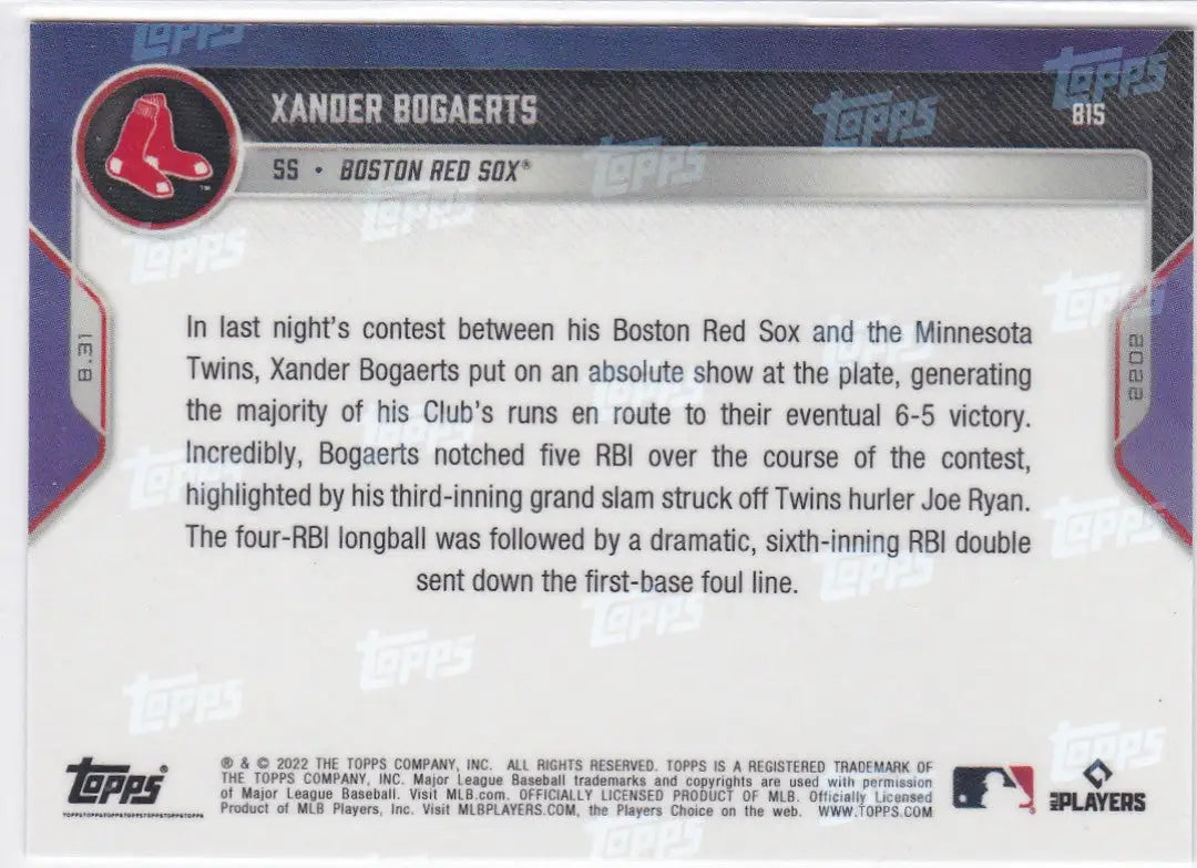 Baseball card back featuring Boston Red Sox player Xander Bogaerts from 2022 TOPPS NOW
