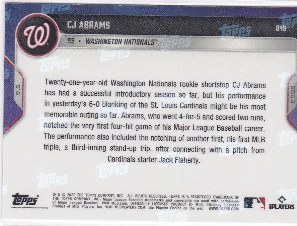 Baseball card back featuring Abrams Washington Nationals from 2022 TOPPS NOW series