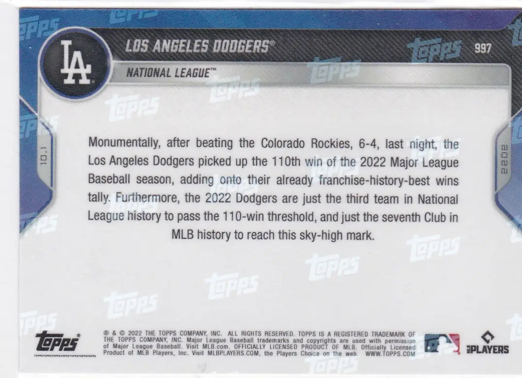 Baseball card back featuring Los Angeles Dodgers for 2022 TOPPS NOW #997 product