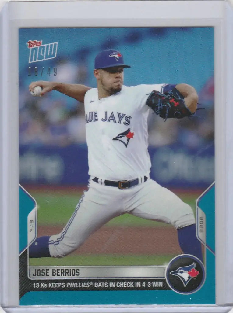 Baseball card of Jose Berrios mid-throw for Toronto Blue Jays 18/49 Topps Now