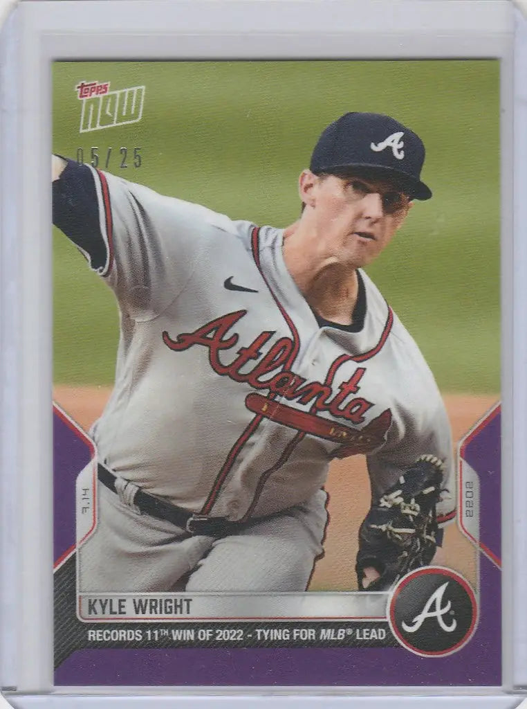 Baseball card of Kyle Wright mid-throw for the Atlanta Braves 2022 Topps Now Parallel