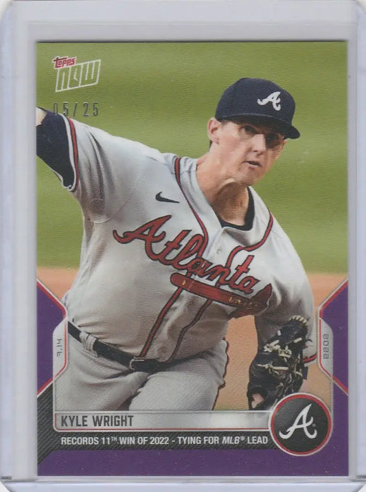 Baseball card of Kyle Wright mid-throw for the Atlanta Braves 2022 Topps Now Parallel