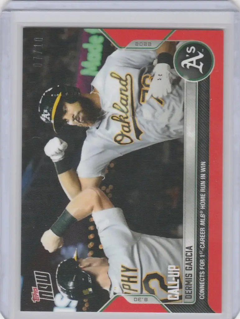 Baseball trading card of Dermis Garcia sliding into base for Oakland Athletics