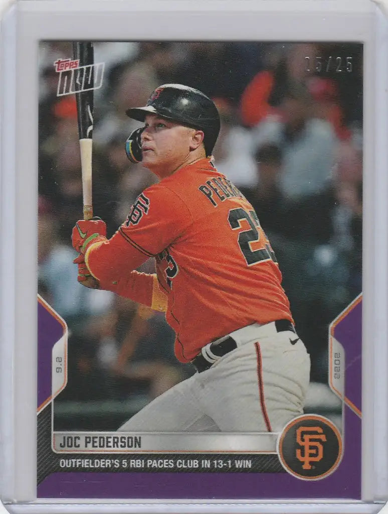 Baseball card of Joc Pederson in orange San Francisco Giants jersey swinging bat