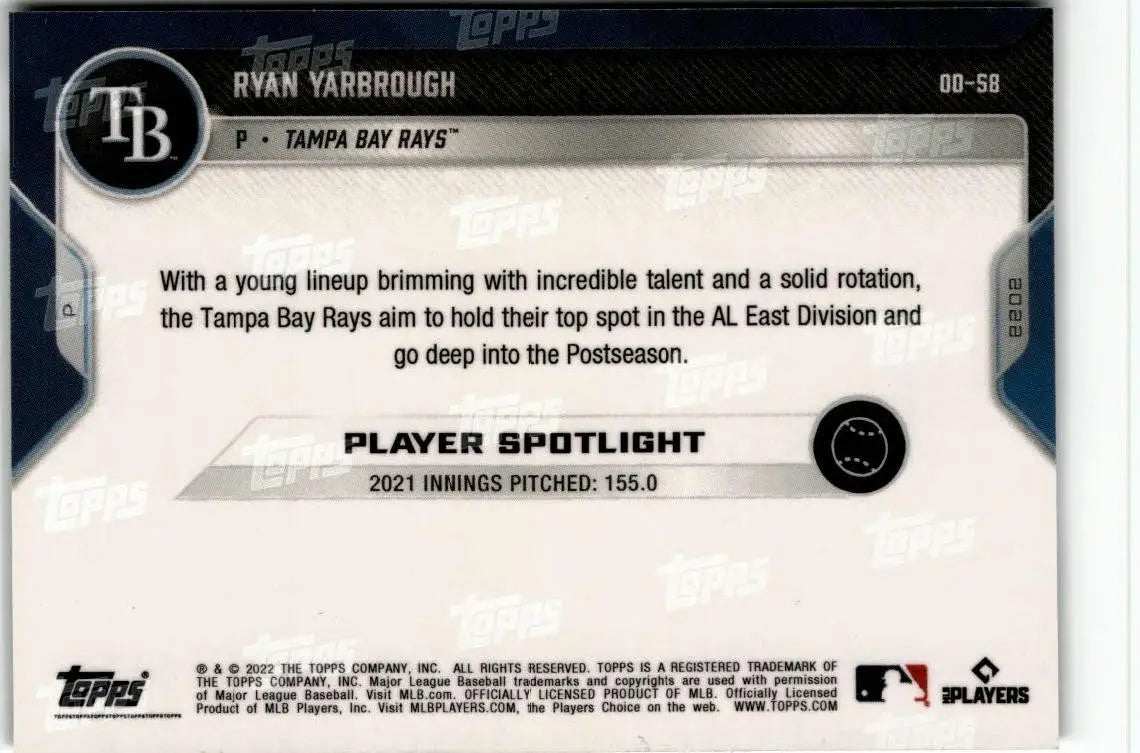 Tampa Bay Rays Ryan Yarbrough 2022 Topps Now baseball card for Road to Opening Day