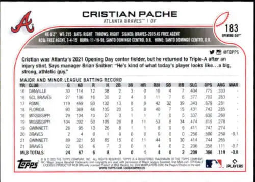 2022 Topps Opening Day #183 Cristian Pache NM-MT Braves original gloss baseball card