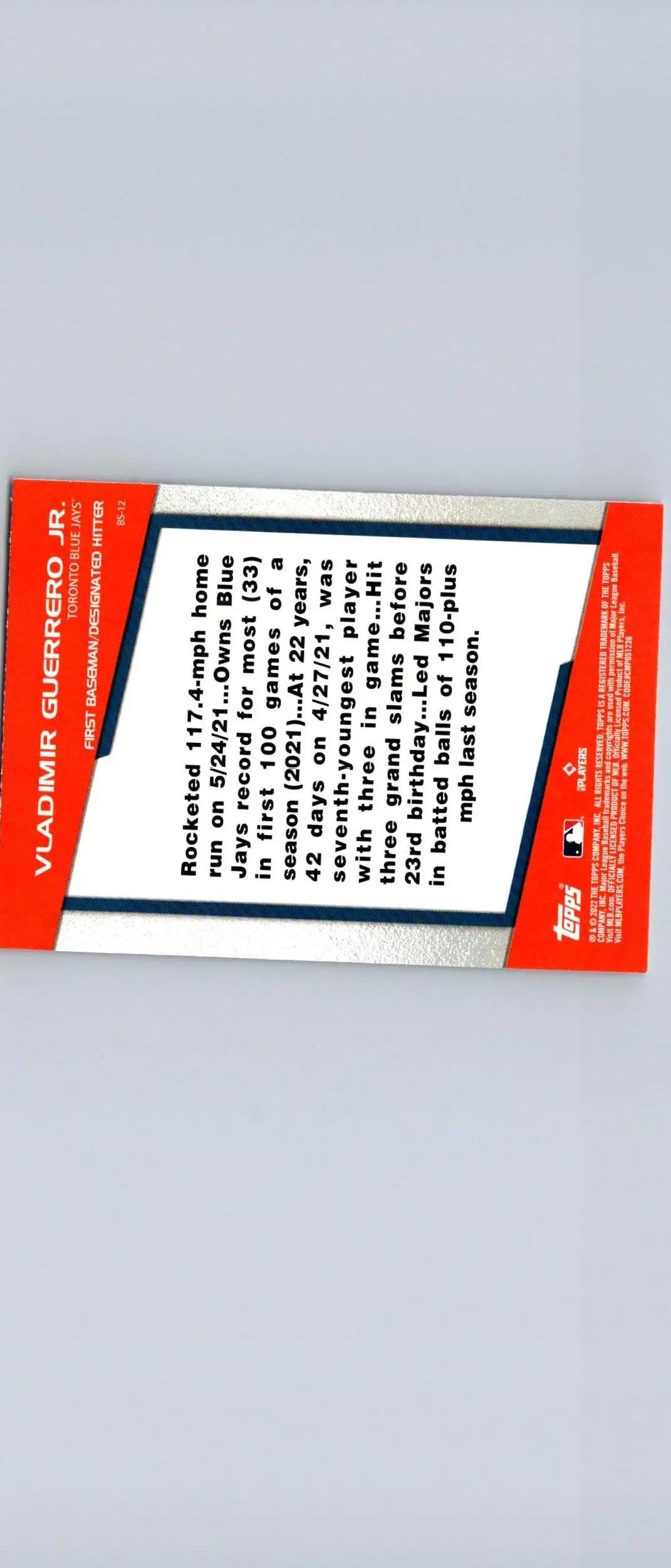Vladimir Guerrero Jr. Bomb Squad Baseball Card from 2022 Topps Opening Day collection