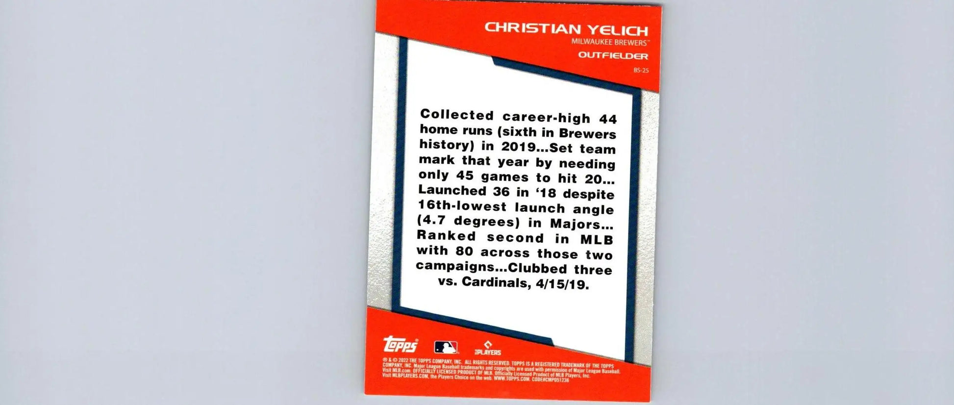 Christian Yelich baseball card from 2022 Topps Opening Day Bomb Squad set