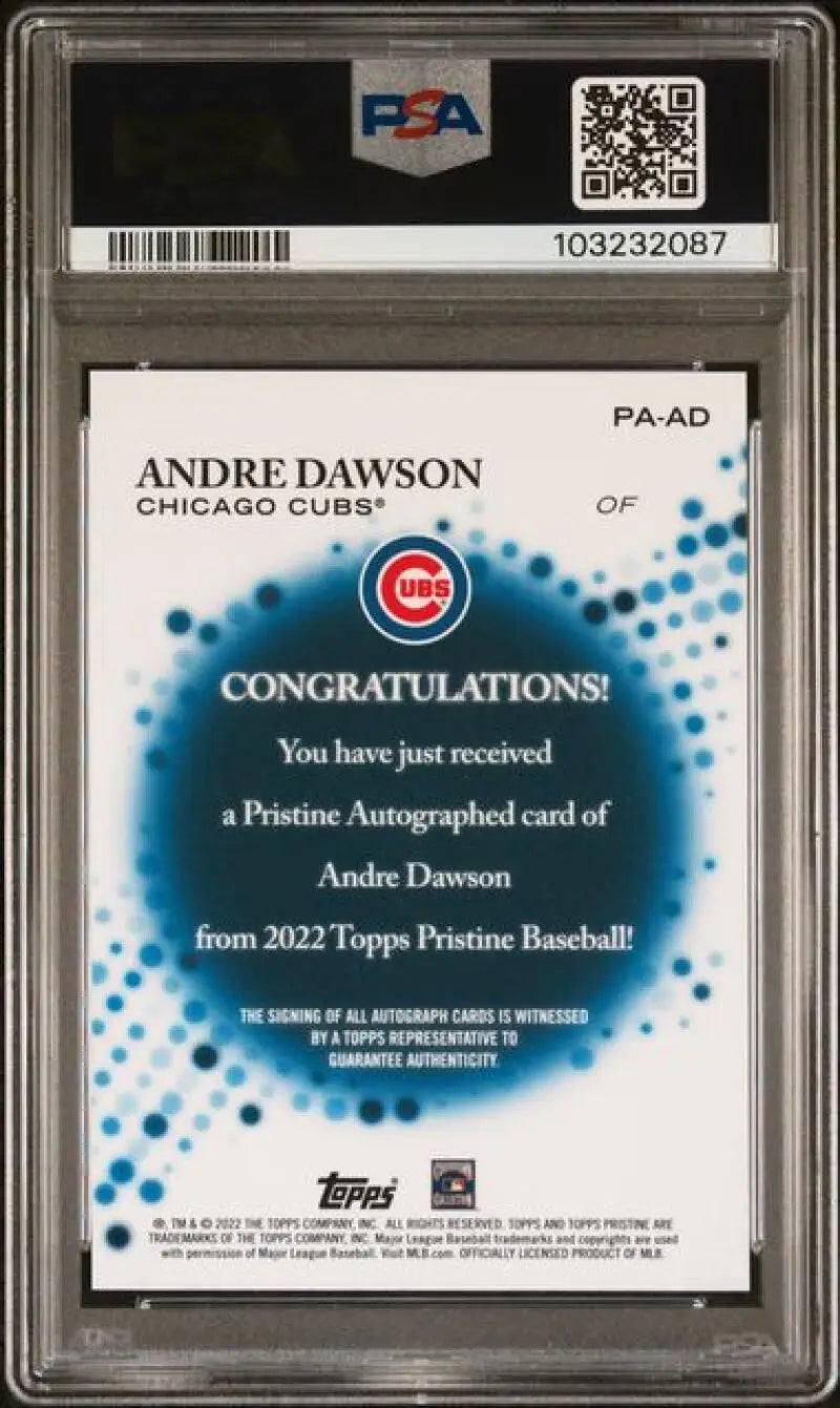 Andre Dawson autographed 2022 Topps Pristine Chicago Cubs baseball card PSA 10 GEM MINT