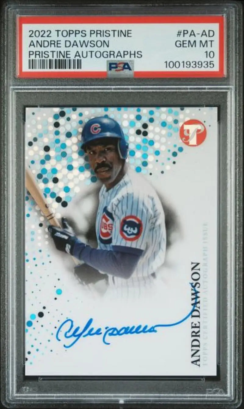 PSA-graded 2022 Topps Pristine Andre Dawson Chicago Cubs baseball card with blue dots design