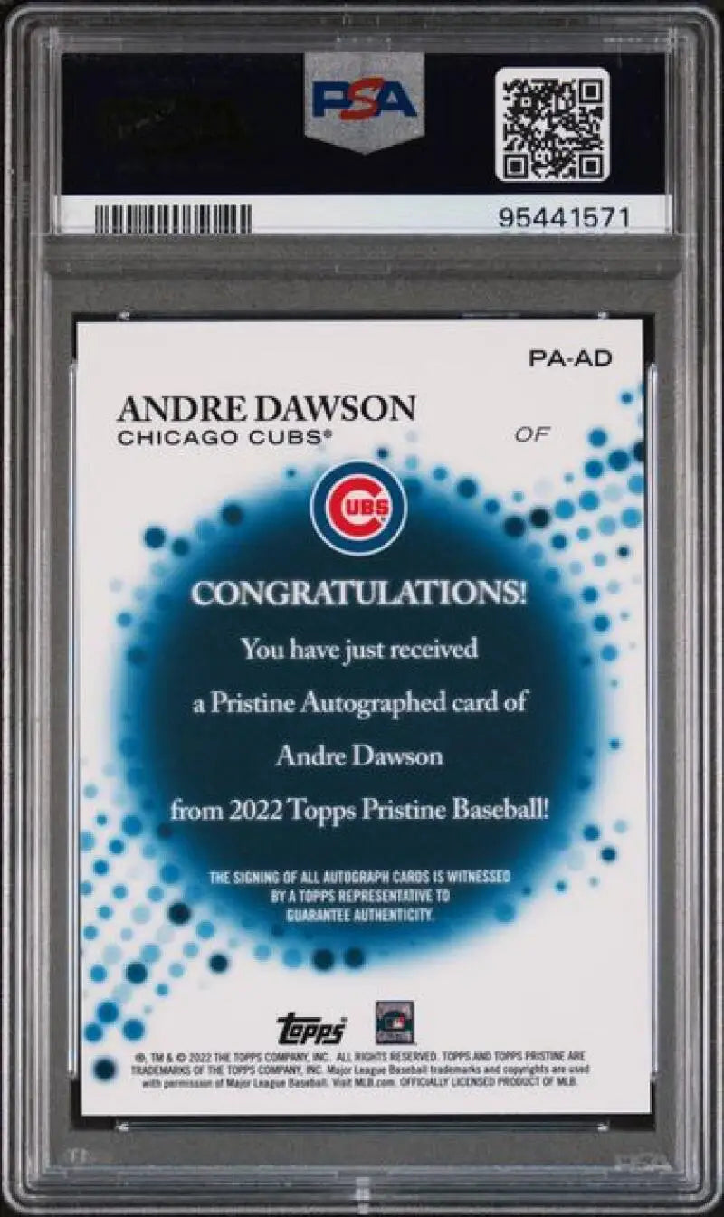 PSA-graded 2022 Topps Pristine Andre Dawson Gem Mint Auto Chicago Cubs Baseball Card