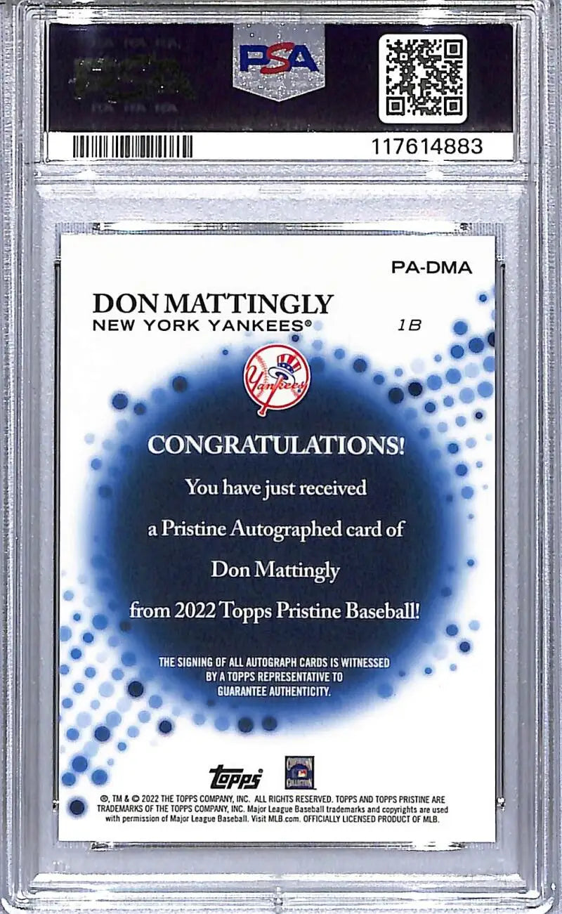 Graded Don Mattingly baseball card from Topps Pristine featuring New York Yankees auto