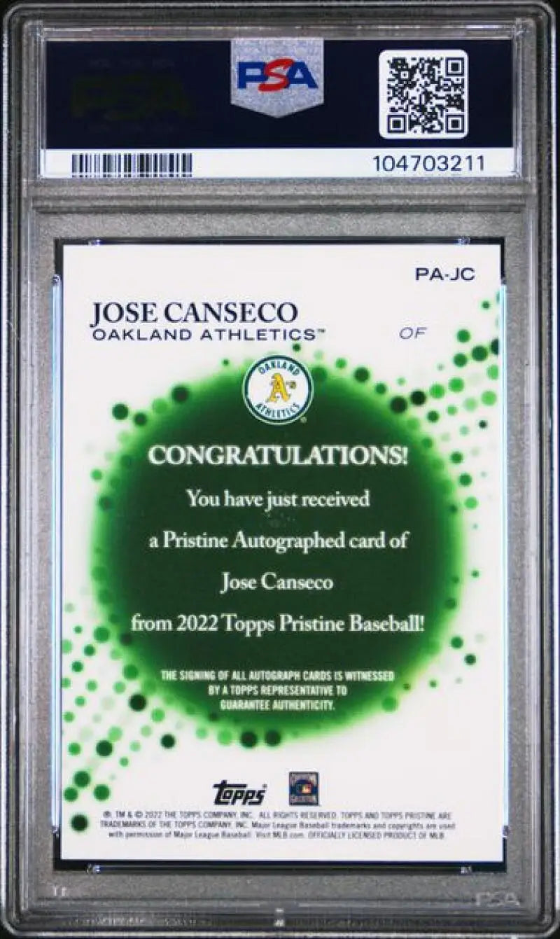 Graded Jose Canseco autographed baseball card from Oakland Athletics in GEM MINT condition