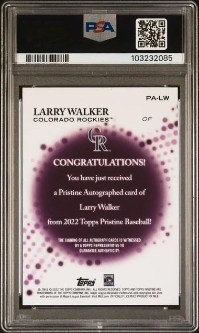 Graded Larry Walker autographed baseball card from 2022 Topps Pristine PSA 9 MINT Colorado Rockies