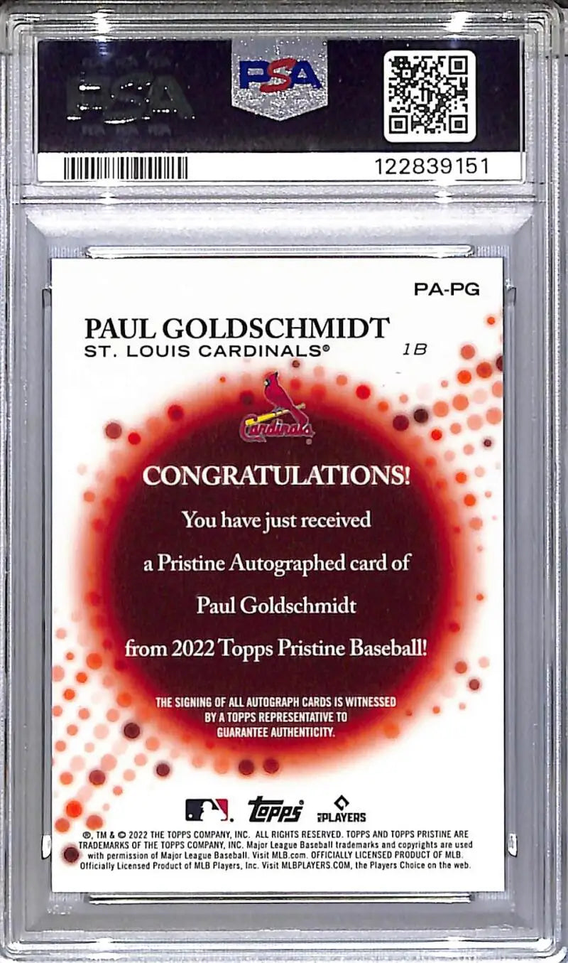 2022 Topps Pristine #PA-PG Paul Goldschmidt PSA 10 GEM MINT Auto St. Louis Cardinals - Trading Card