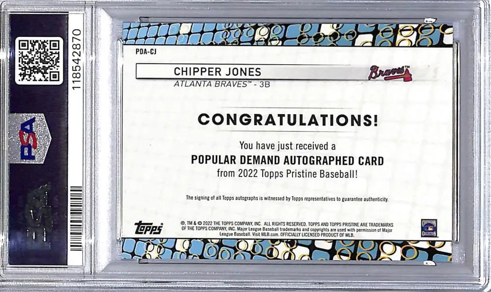 Autographed Chipper Jones baseball card 2022 Topps Pristine Atlanta Braves GEM MINT