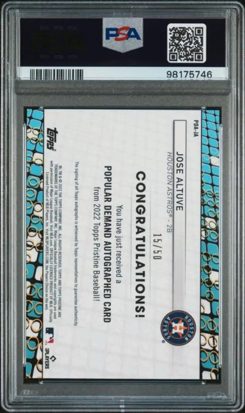 Graded Jose Altuve autographed baseball card with refractor gold finish from Topps Pristine