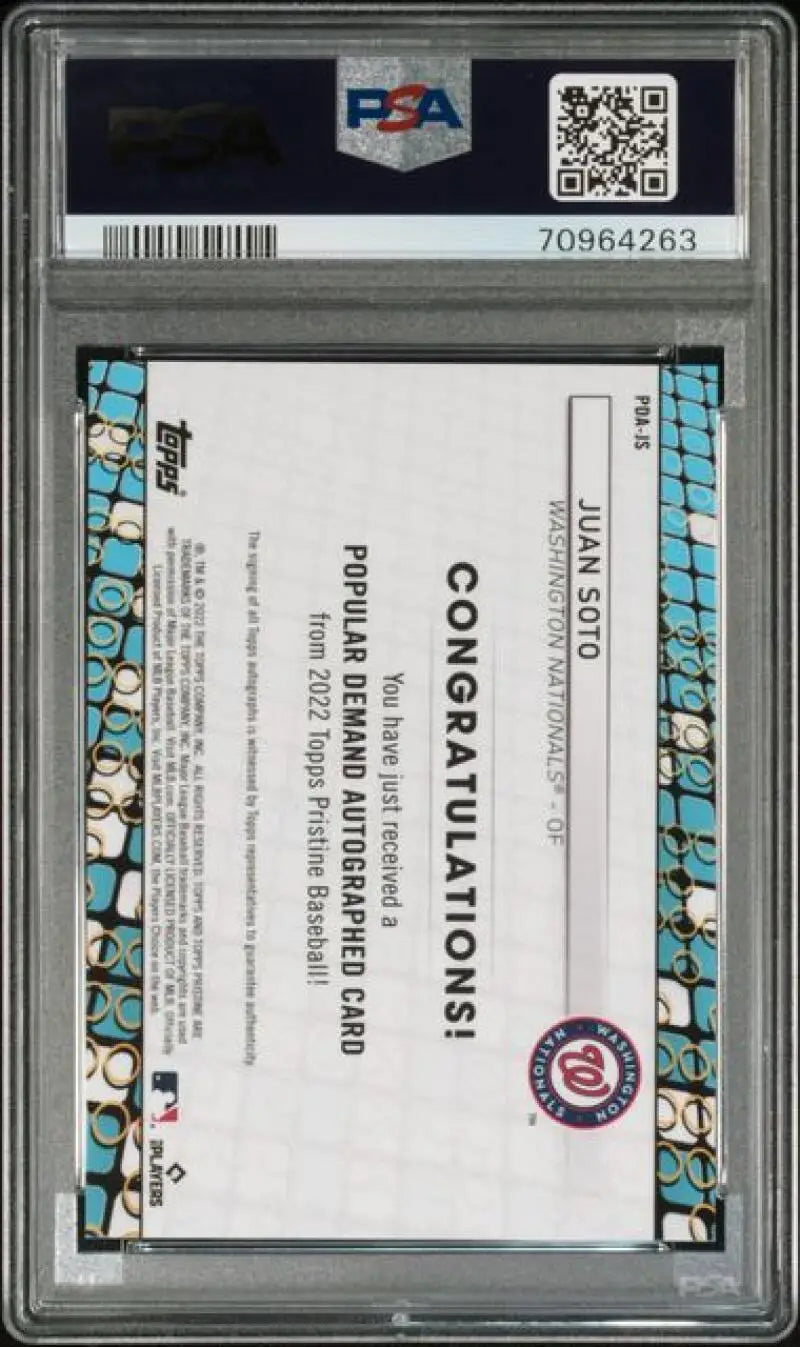 PSA-graded congratulations card for Juan Soto Popular Demand GEM MINT baseball card purchase