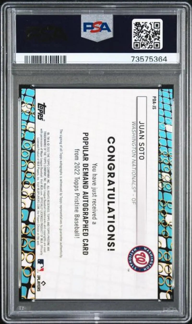 Graded Juan Soto 2022 Topps Pristine Popular Demand Gem Mint Auto Baseball Card