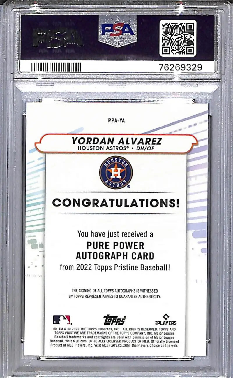 Yordan Alvarez graded sports trading card from Topps Pristine Pure featuring Houston Astros