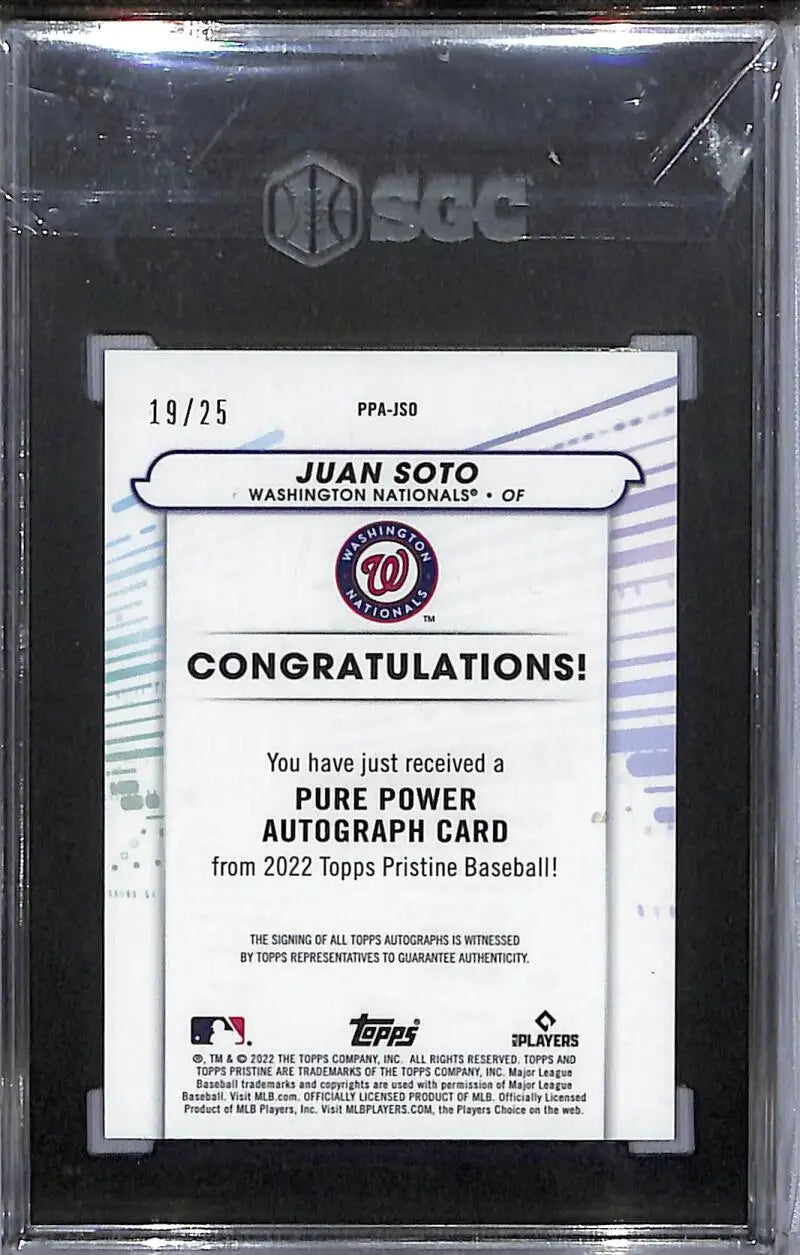 Graded Juan Soto autograph baseball card from 2022 Topps Pristine Washington Nationals