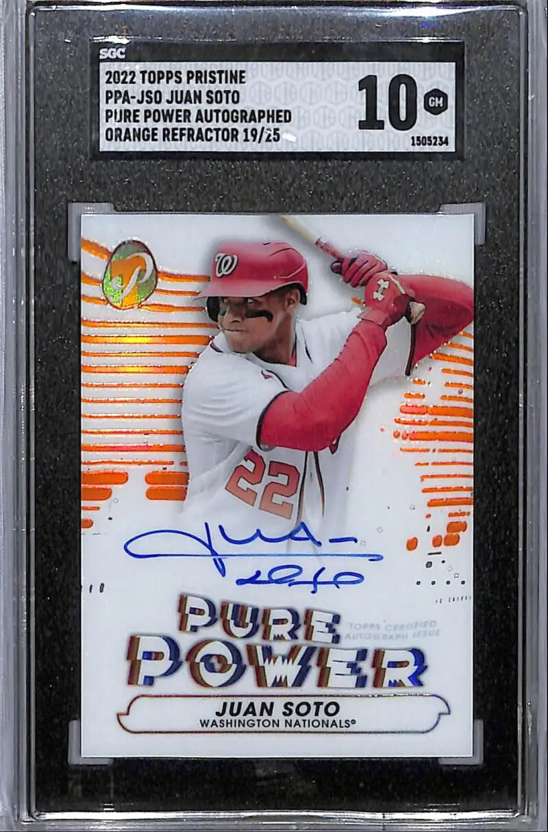 Graded Juan Soto autographed baseball card from 2022 Topps Pristine Washington Nationals