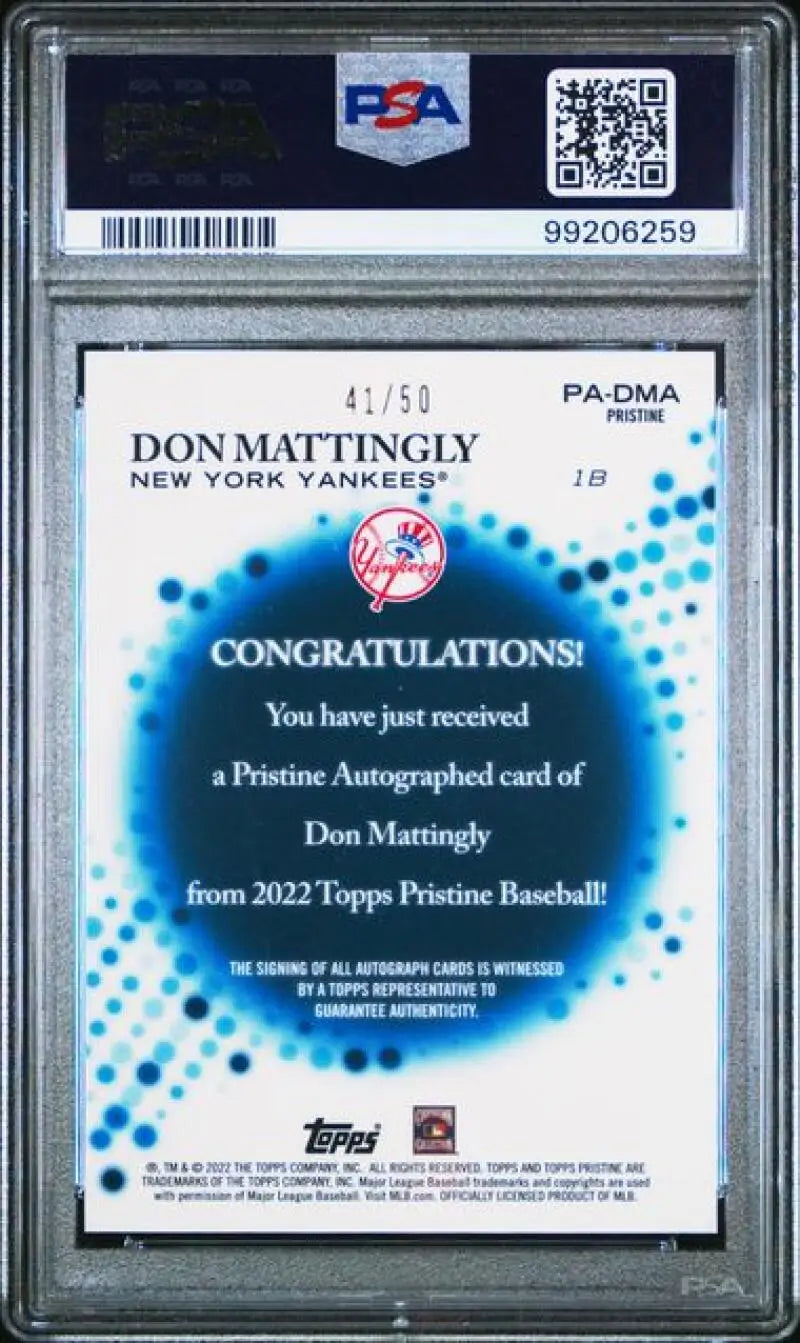 Graded Don Mattingly autographed Topps Pristine Refractor Gold baseball card in PSA 10 GEM MINT