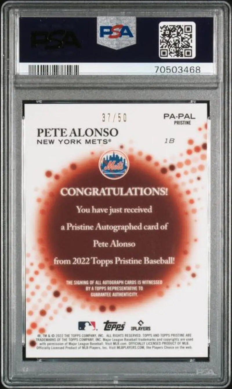 Graded Pete Alonso autographed Topps Pristine Refractor Gold baseball card