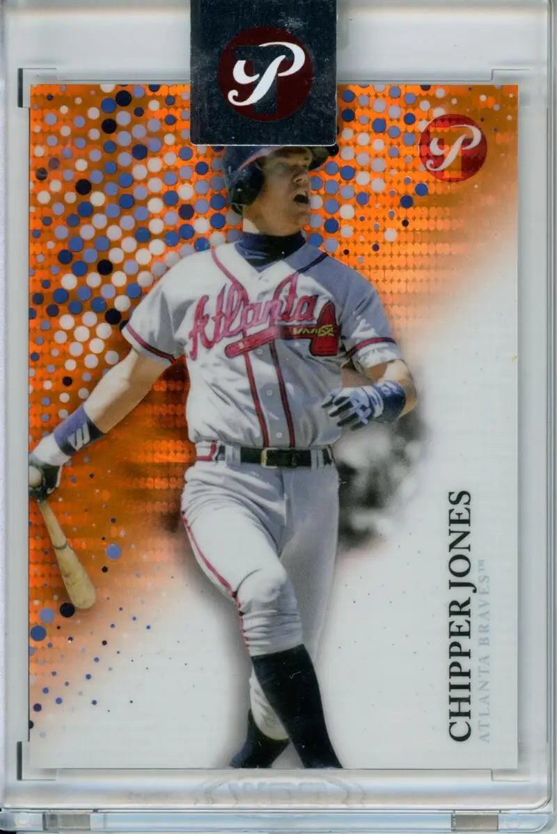 Baseball card of Chipper Jones in gray uniform from 2022 Topps Pristine Refractor