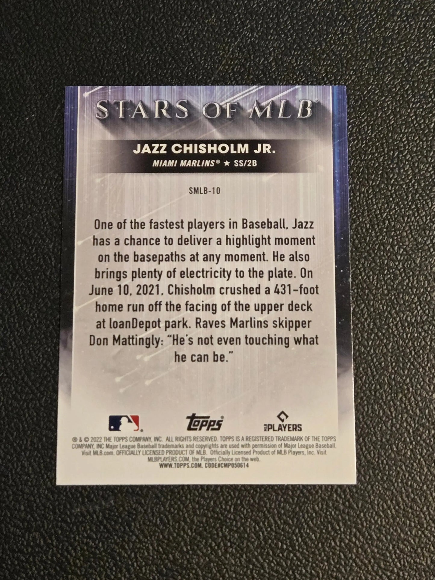 Collectible Jazz Chisholm Jr. baseball card from 2022 Topps Stars of MLB series