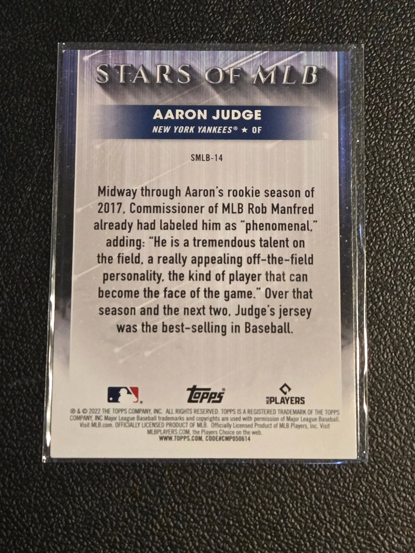 Baseball card featuring Aaron Judge Stars of MLB in protective sleeve, 2022 Topps judge stars