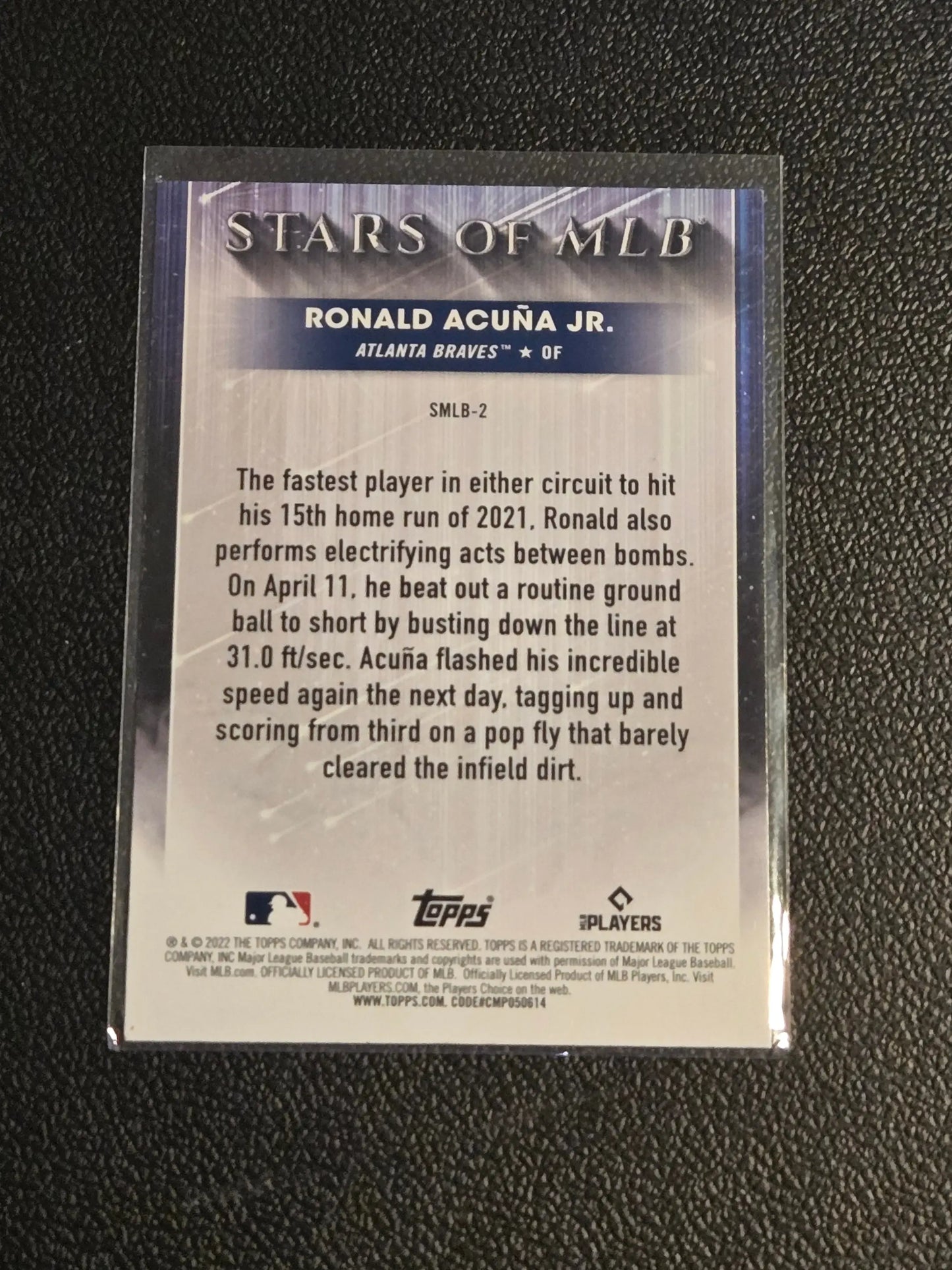 Baseball trading card featuring Ronald Acuña Jr. from 2022 Topps Stars of MLB