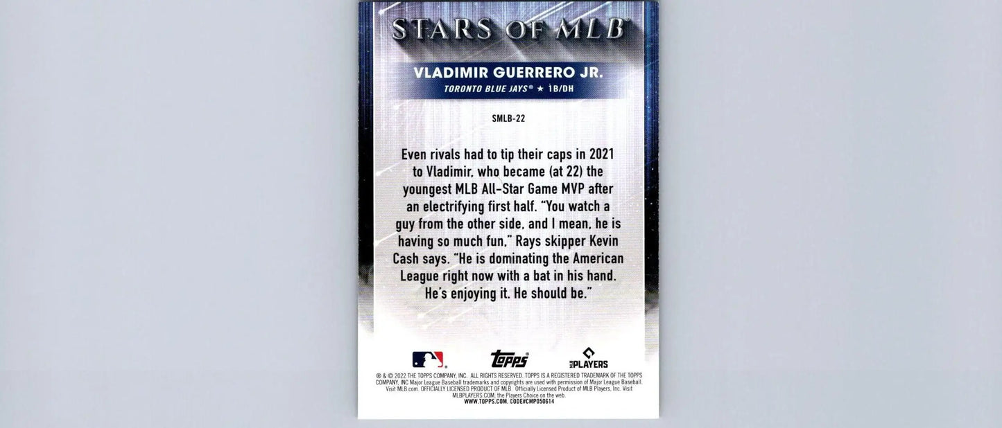 Back of 2022 Topps #SMLB-22 Vladimir Guerrero Jr. Stars of MLB baseball card