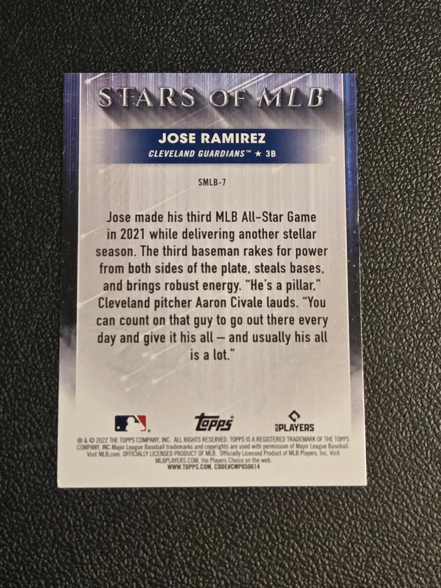Baseball trading card featuring Jose Ramirez from 2022 Topps Stars of MLB Ramirez Stars series