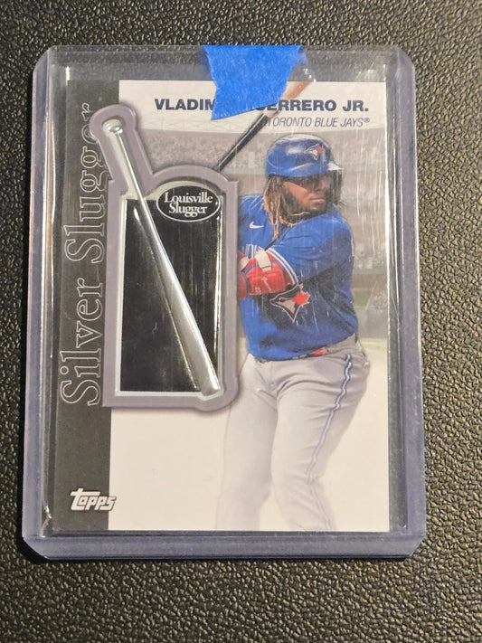 Baseball trading card of Vladimir Guerrero Jr. with Silver Slugger Award patches and bat relic