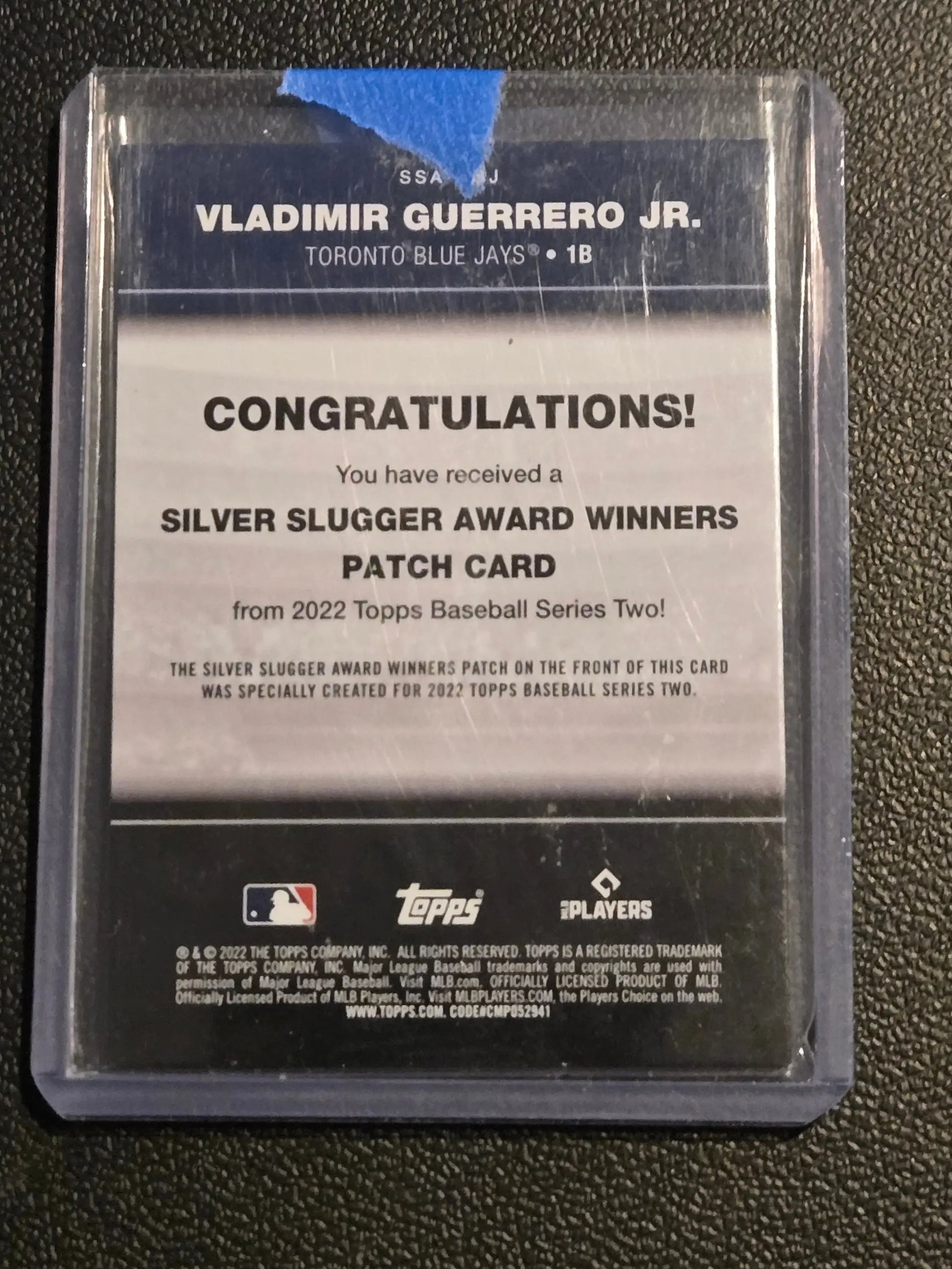 Vladimir Guerrero Jr. Silver Slugger Award patches baseball trading card from 2022 Topps Series Two
