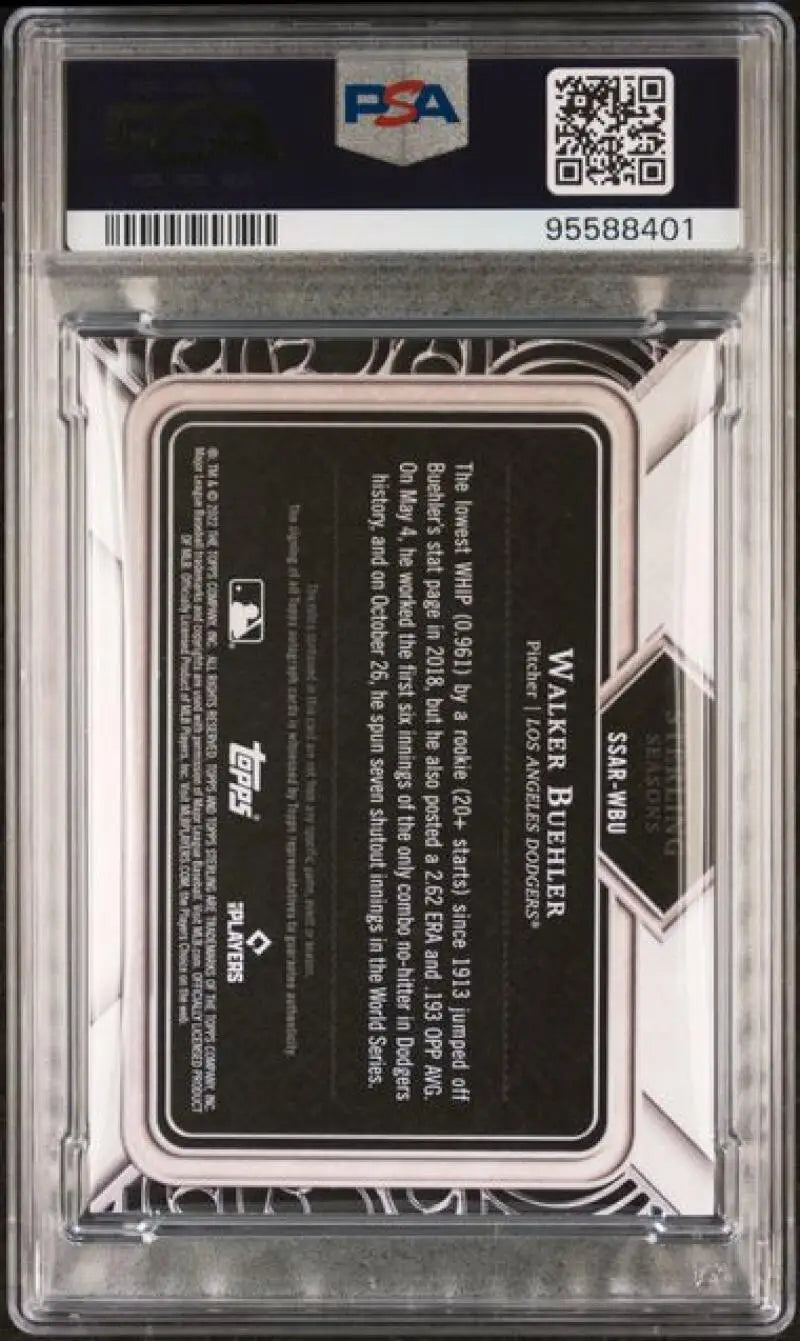 PSA-graded card holder showing back of 2022 Walker Buehler GEM MINT Los Angeles Dodgers card