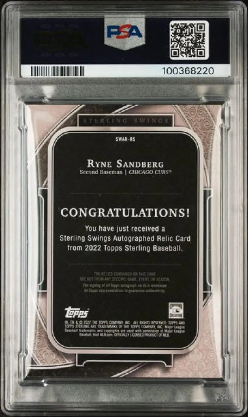 Graded Ryne Sandberg autographed Chicago Cubs baseball card from 2022 Topps Sterling