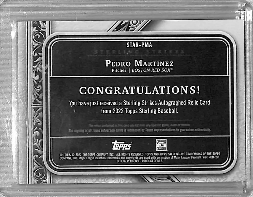 Black and white congratulatory card insert for Pedro Martinez Red Sox autographed relic card