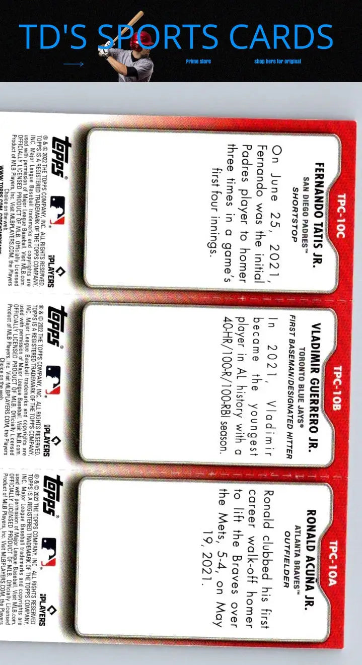 Baseball cards featuring Ronald Acuna stats in 2022 Topps TPC-10A TPC-10B TPC-10C set
