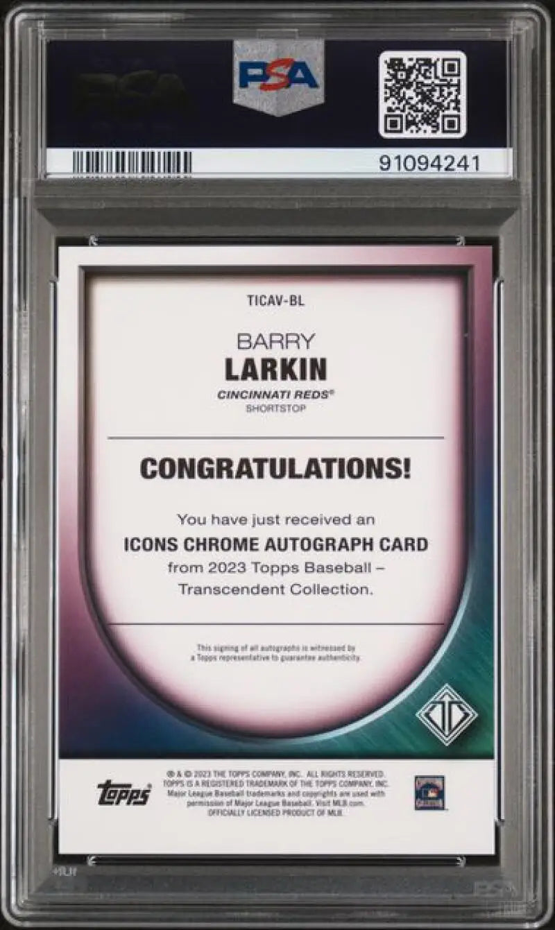 PSA-graded back of 2022 Topps Transcendent Icons Barry Larkin baseball card with details